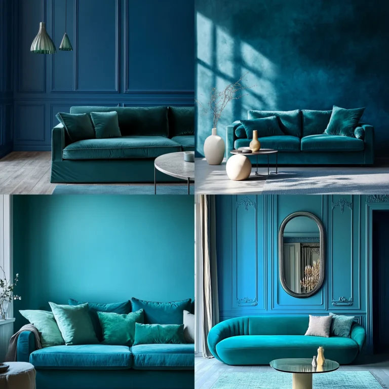 Serene blue walls paired with a vibrant green sofa for a bold interior look.