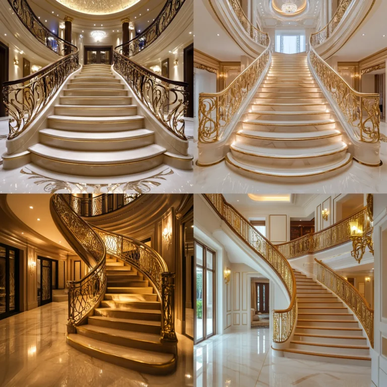 Polished brass stair handrail in a luxurious interior.
