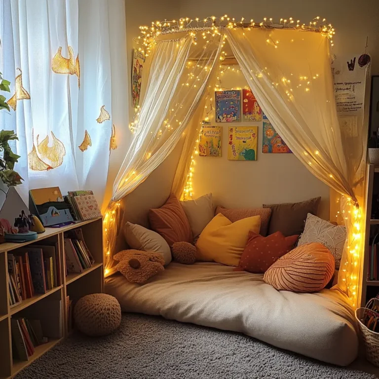 Reading nook kids ideas featuring a cozy tent, bookshelves, and soft cushions for a magical reading space.