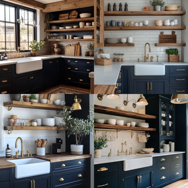 Farmhouse Dark Kitchen Cabinets in deep navy blue with rustic wood accents.