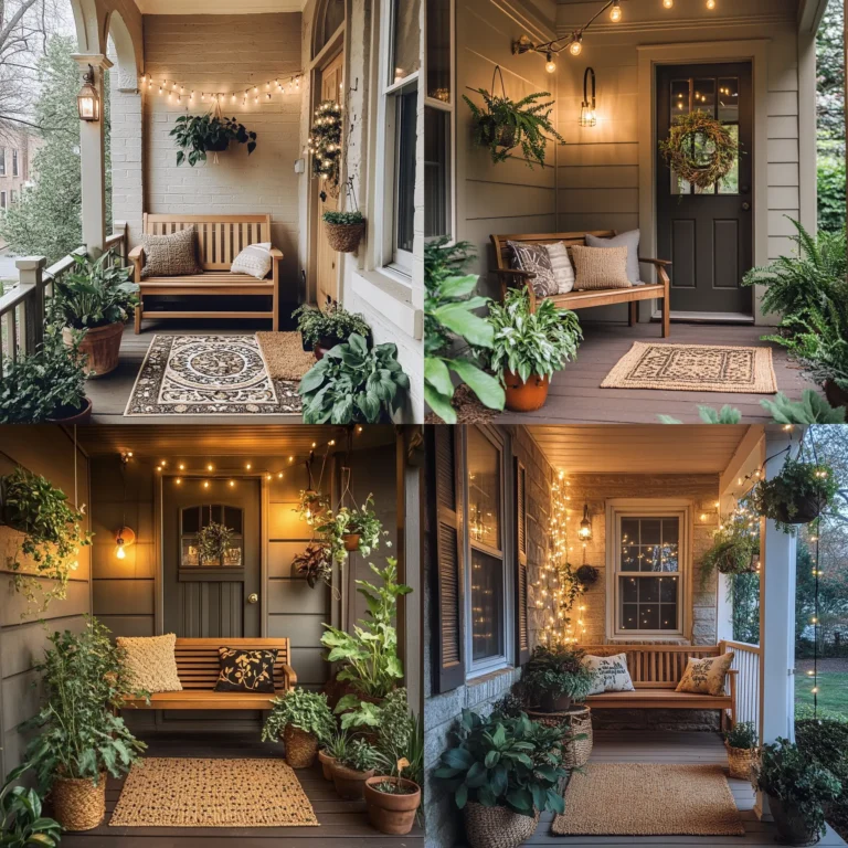 Cozy small front porch decorated with plants, lights, and a wooden bench.