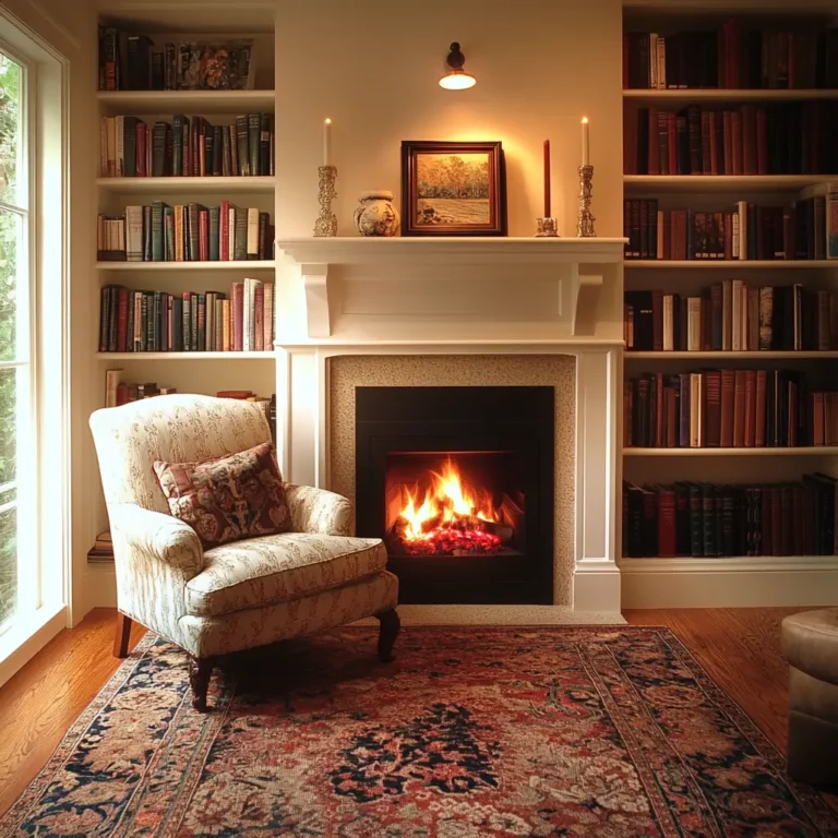 Small home library with fireplace and built-in bookshelves.