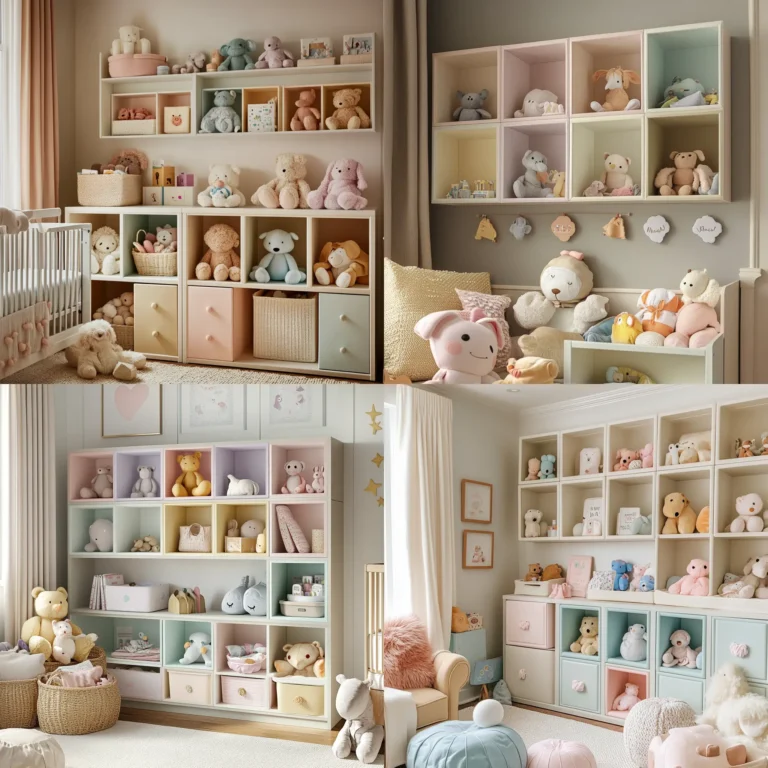 Wall-mounted cubby storage nursery setup with pastel bins and baby essentials.