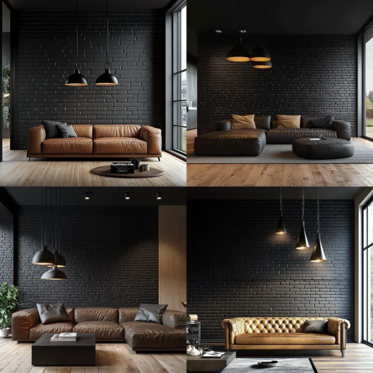 Industrial-style living room with a black brick wall and modern decor.