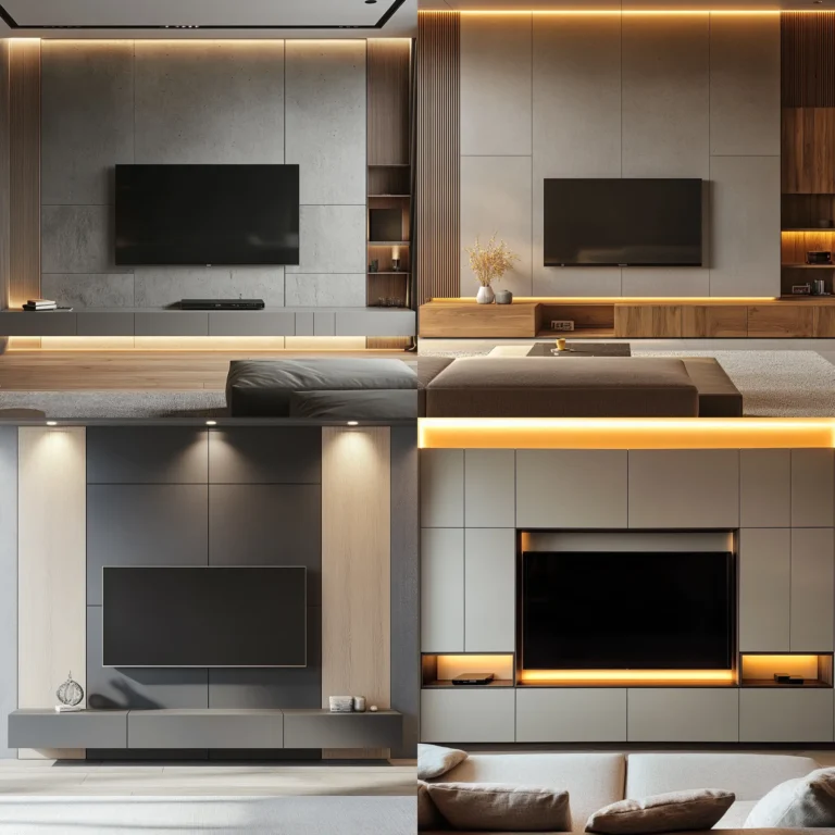 Minimalist luxury TV wall with hidden wiring and floating shelves in a modern bedroom.