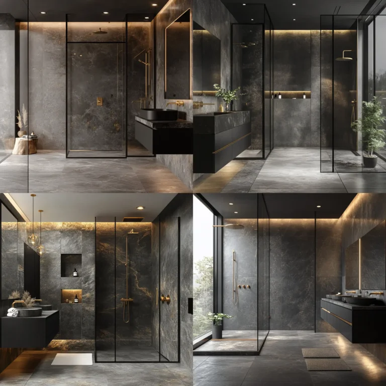 Grey gold black bathroom with matte black vanity and gold fixtures