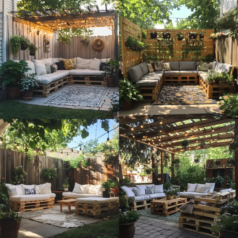 DIY pallet furniture and string lights for a cozy cheap backyard makeover