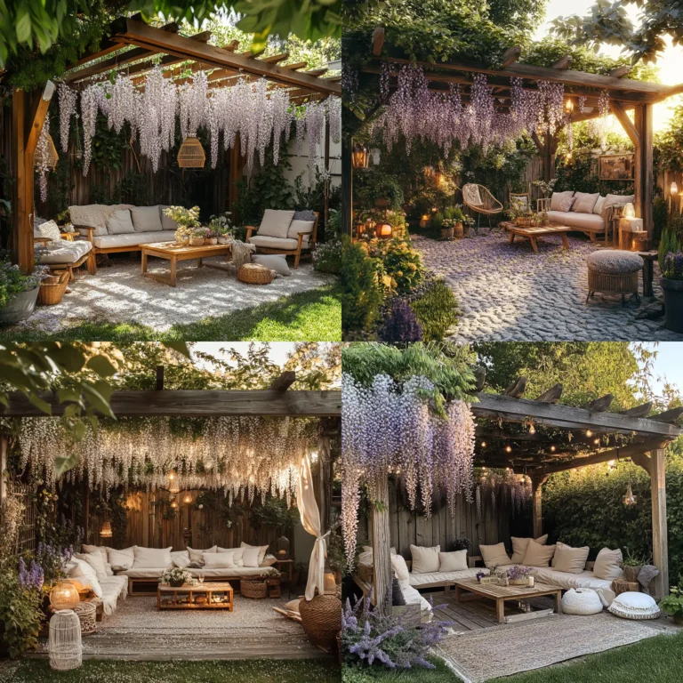 Cozy rustic wooden pergola covered in flowering vines in a sunny garden