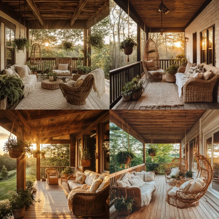 Rustic porch with natural wood plank ceiling and cozy seating