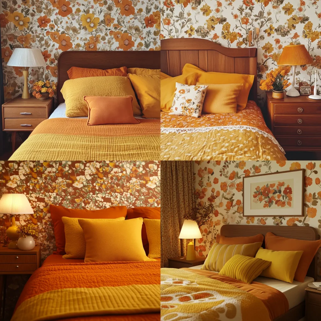 Retro vintage bedroom with mustard yellow bedding, floral wallpaper, and vintage accessories