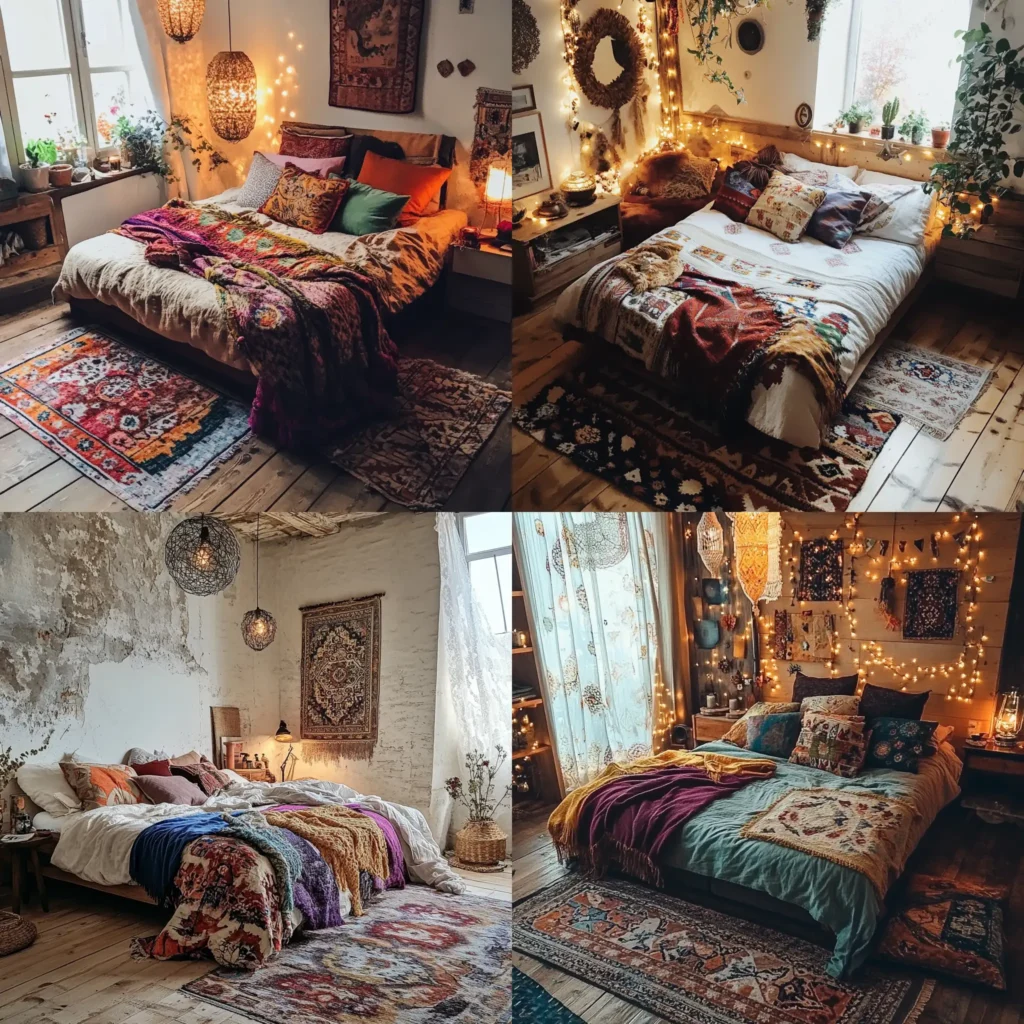 Cozy Boho bedroom with layered textiles, colorful blankets, and textured rugs