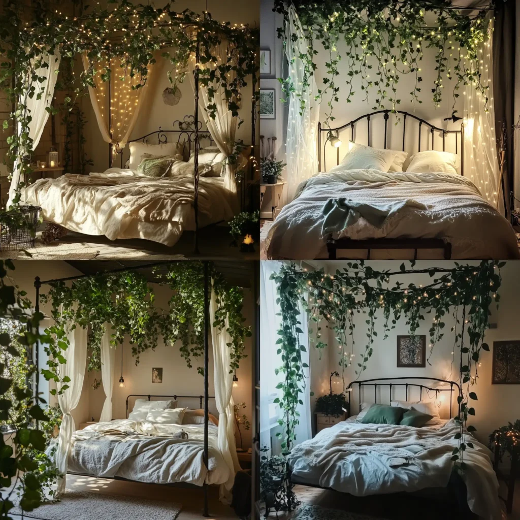 Faux vines draped over a bed frame in a cozy bedroom