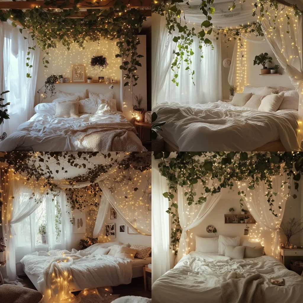 Boho-style bedroom with fake vines on ceiling and warm fairy lights creating a cozy and dreamy atmosphere