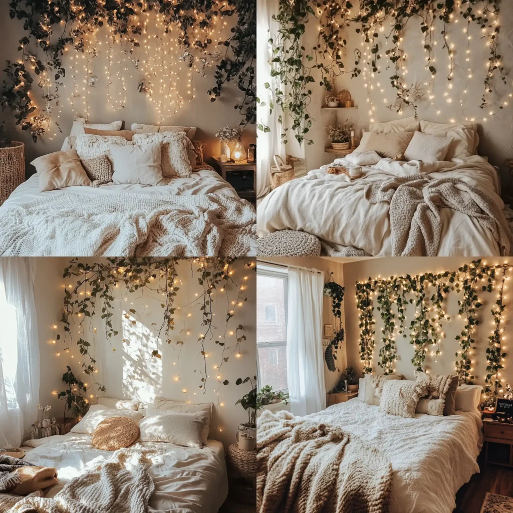 Boho bedroom wall decorated with cascading fake vines and fairy lights