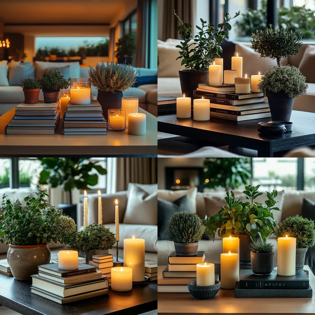 Symmetrical coffee table arrangement with candles, books, and plants in a cozy living room