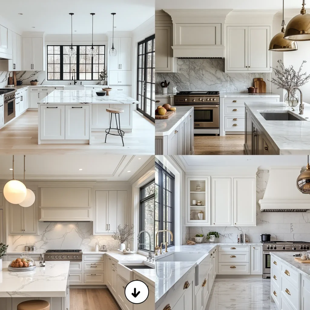 Classic white kitchen cabinets with marble countertops and modern lighting