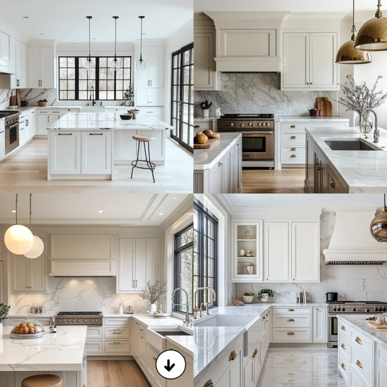 Classic white kitchen cabinets with marble countertops and modern lighting