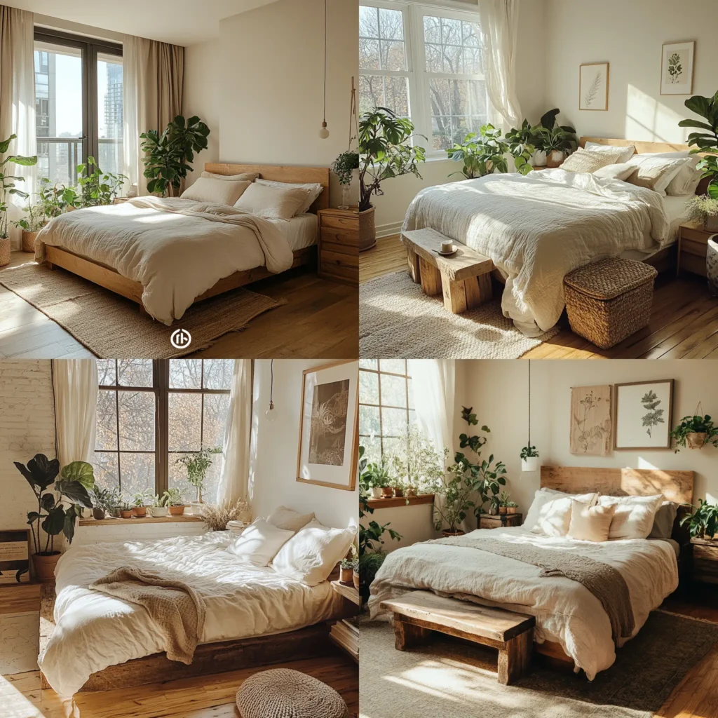 Eco-conscious bedroom featuring reclaimed wood furniture and organic cotton bedding