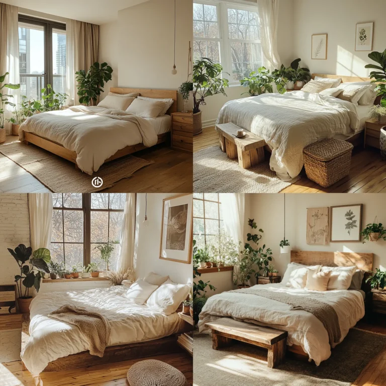 Eco-conscious bedroom featuring reclaimed wood furniture and organic cotton bedding
