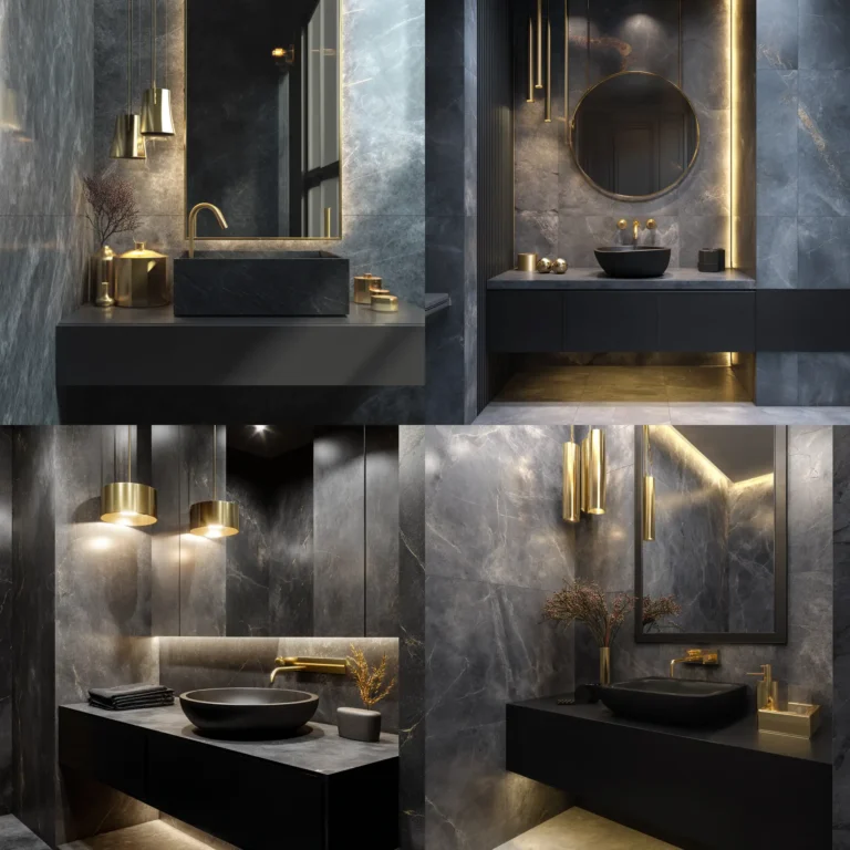 Luxury grey black gold bathroom with marble, matte black vanity, and gold accents.