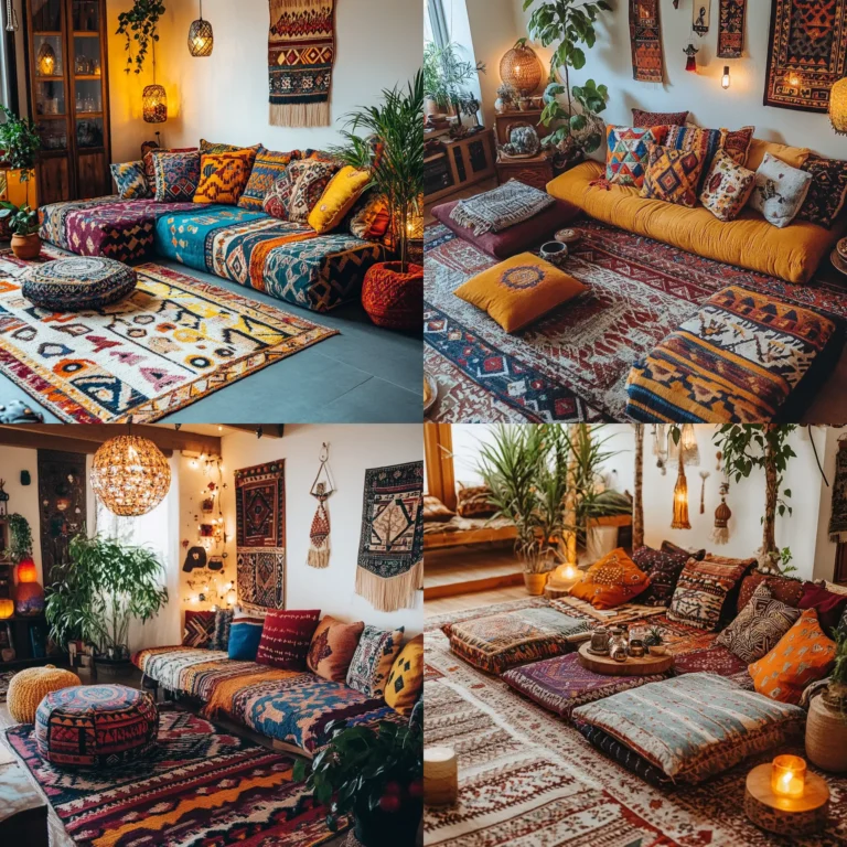 Boho interior living room with vibrant colors, patterns, and eclectic furniture