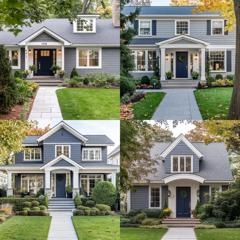 Navy blue front door on grey house with white trim and greenery
