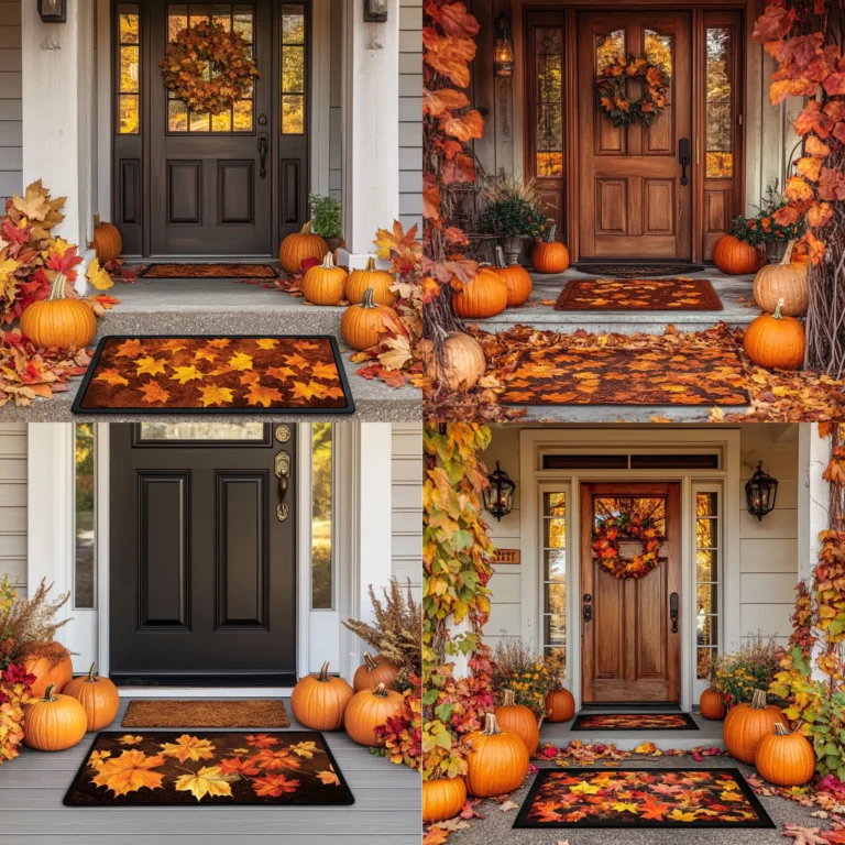 Fall welcome mat with pumpkins and autumn leaves at the front door