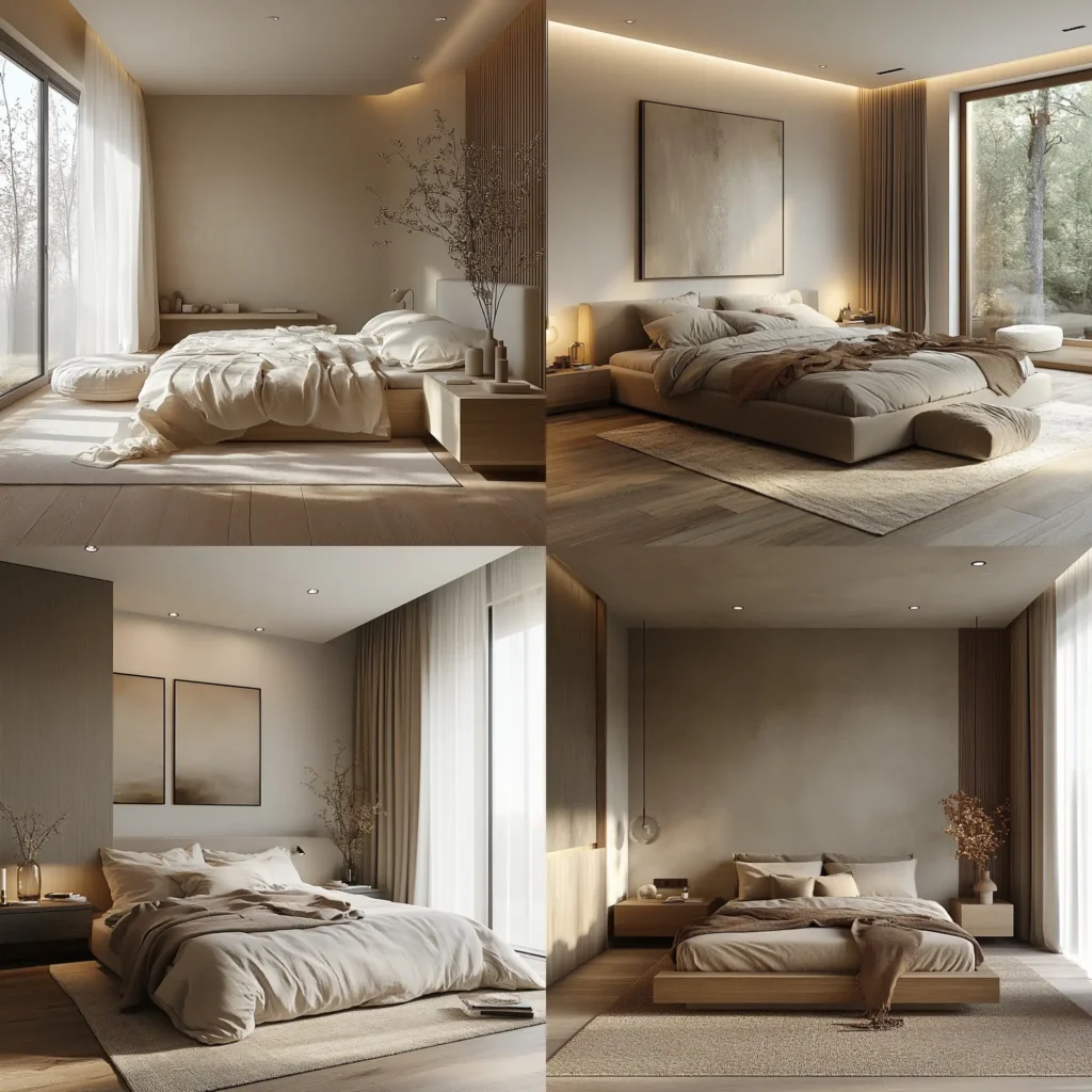Modern minimalist bedroom with a neutral palette and functional sleek furniture