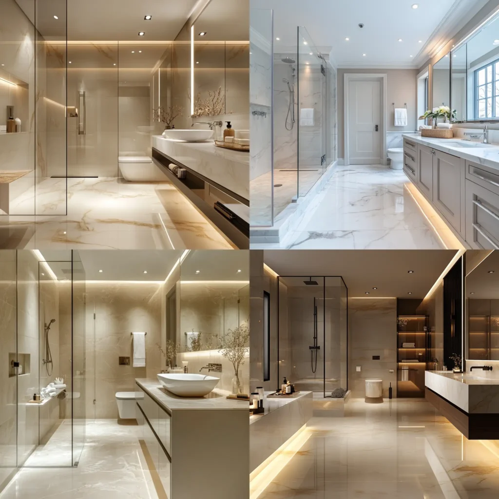 Elegant classy bathroom with marble countertops, sleek fixtures, and soft lighting