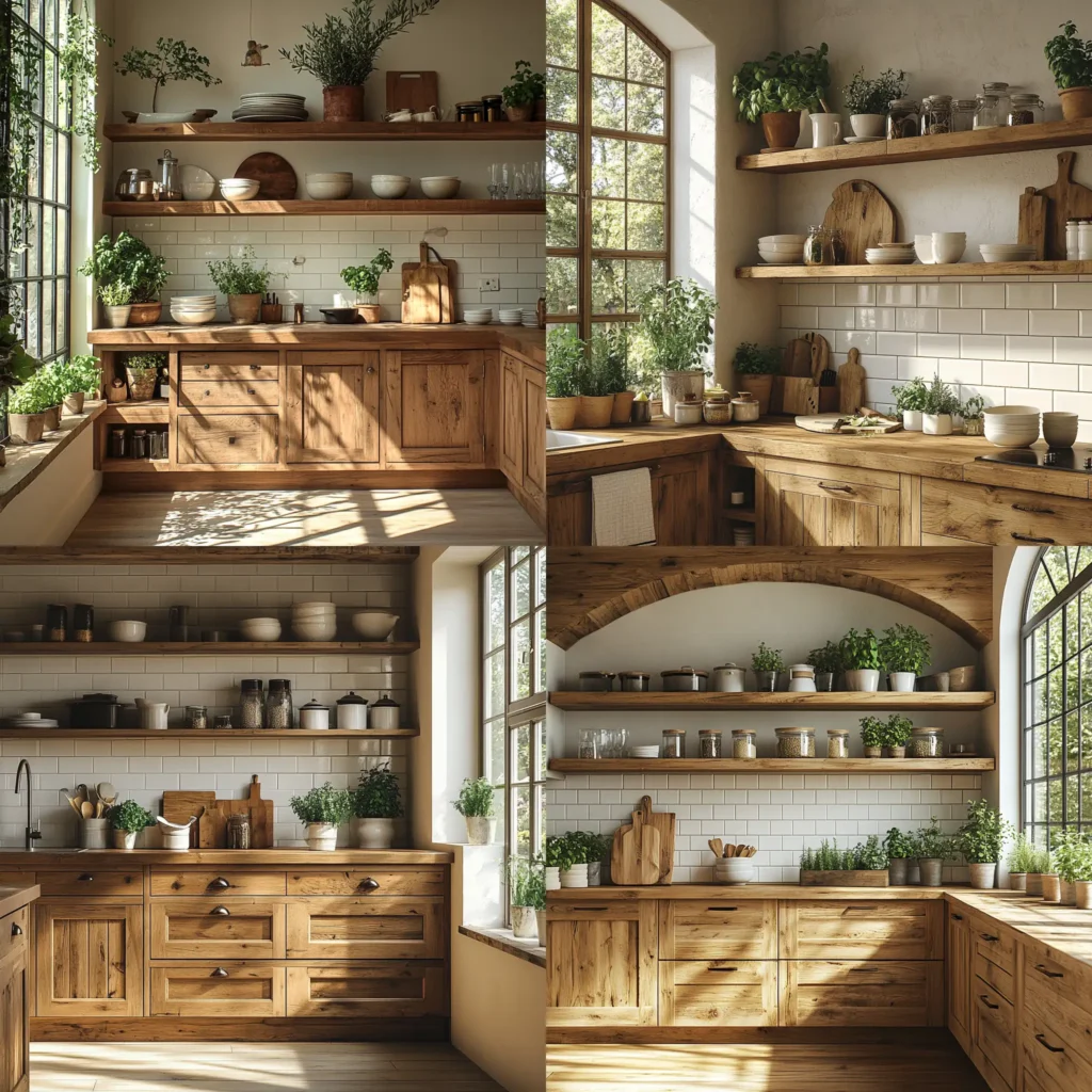 Rustic kitchen with wooden kitchen cabinets and open shelves.