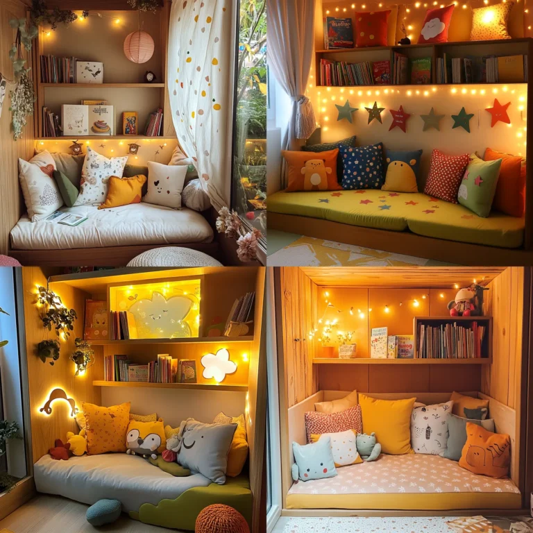 Cozy toddler reading nook with colorful cushions and warm lighting