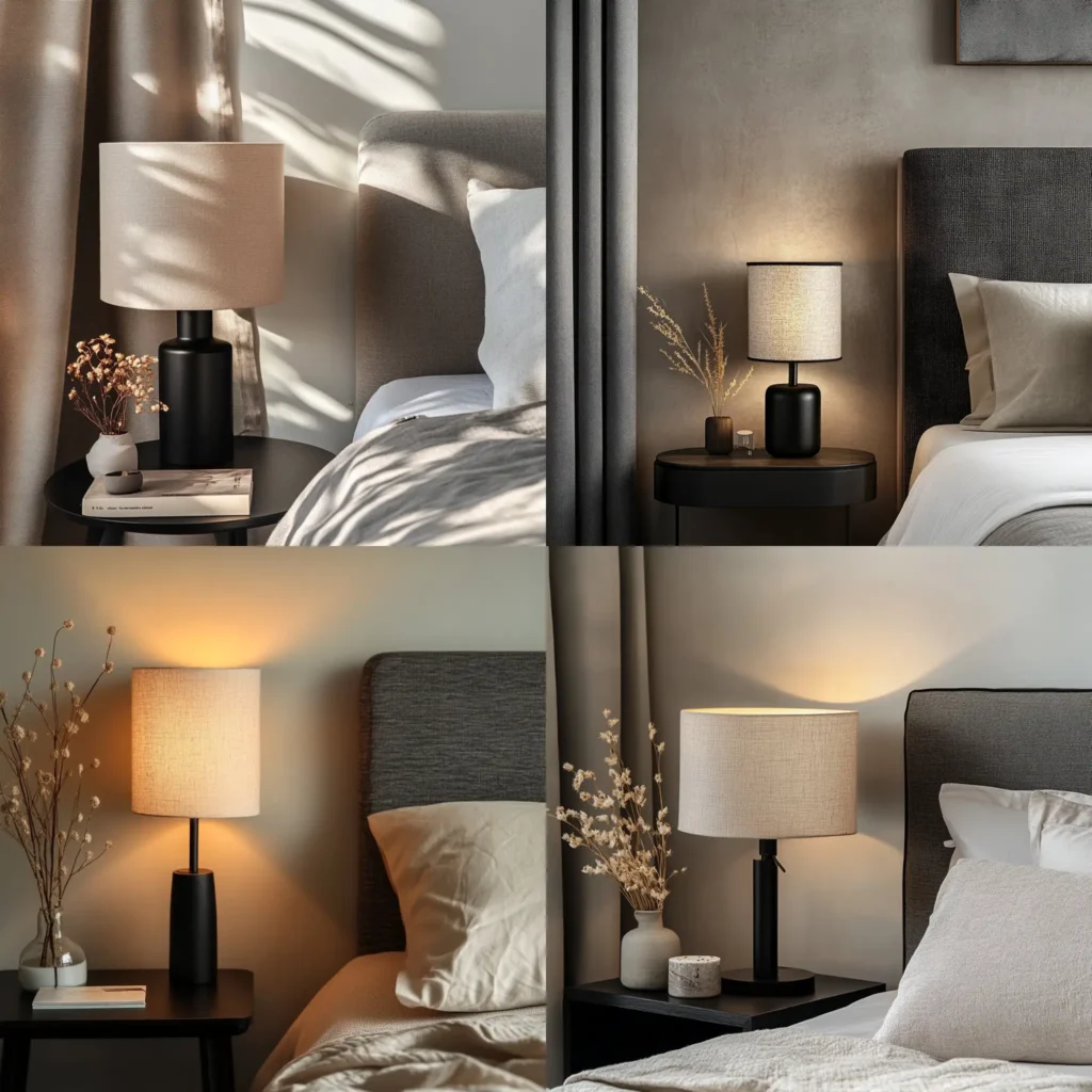 Minimalist bedside lamp with a white shade and black base in a modern bedroom