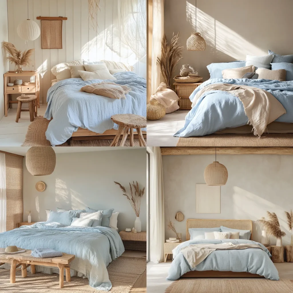 Coastal boho bedroom with neutral colors, light blue bedspread, and natural wooden decor