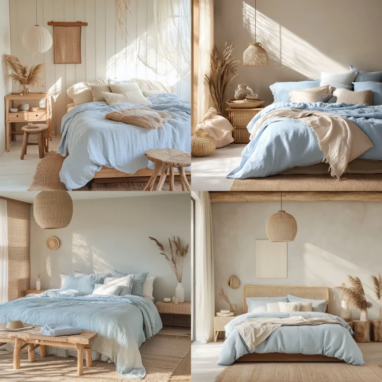 Coastal boho bedroom with neutral colors, light blue bedspread, and natural wooden decor