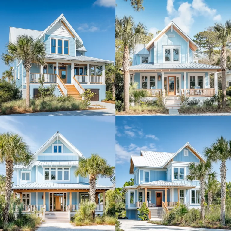 Light blue beach house exterior with porch, white trim, and tropical surroundings