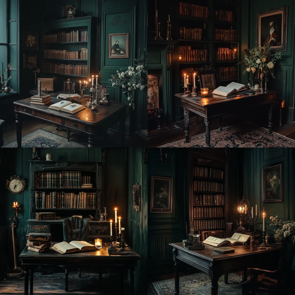 Dark academia room with deep green walls, vintage desk, and warm lighting