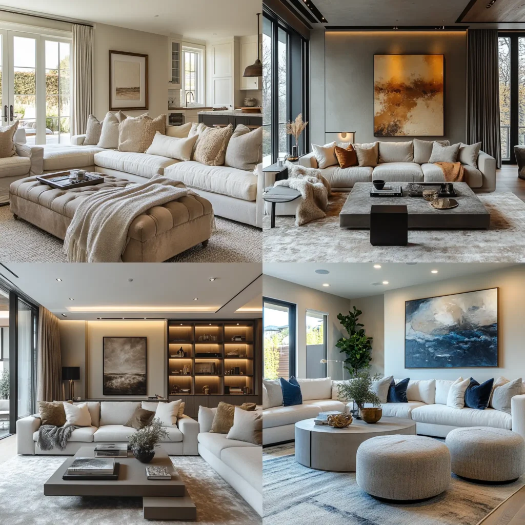 Functional living room design ideas featuring multi-functional furniture, built-in shelving, and neutral tones. The living room should be cozy and modern, with a mix of smart lighting and indoor plants. A large rug anchors the space, and statement furniture like an oversized chair or unique coffee table serves as the focal point. The room is spacious and inviting, with open shelving and a large mirror reflecting natural light