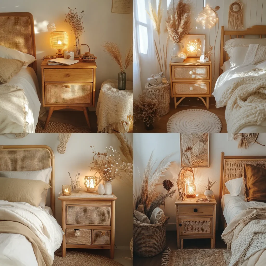 Cozy Boho nightstand with natural wood and rattan decor elements