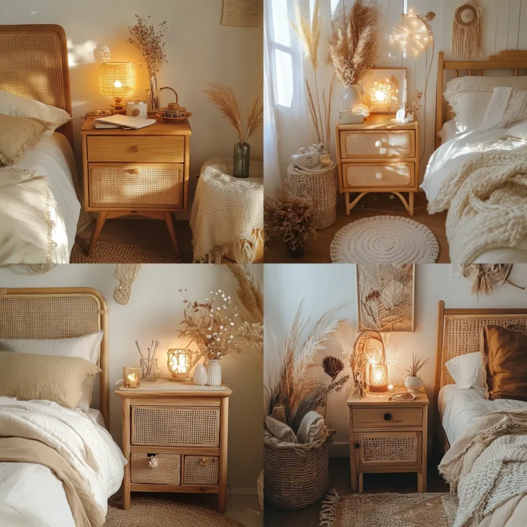 Cozy Boho nightstand with natural wood and rattan decor elements