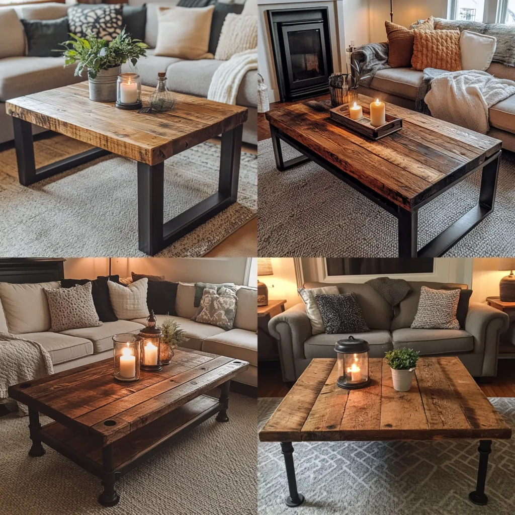 Rustic wooden DIY coffee table with metal legs in a cozy living room