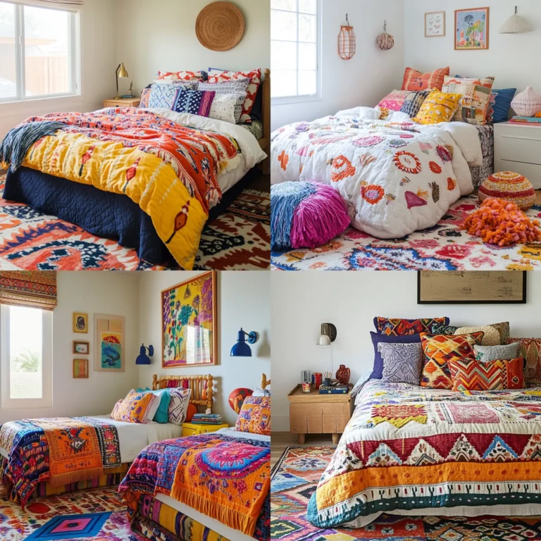 Colorful and eclectic textiles in a boho kids bedroom, featuring patterned rugs, mismatched pillows, and vibrant bedding