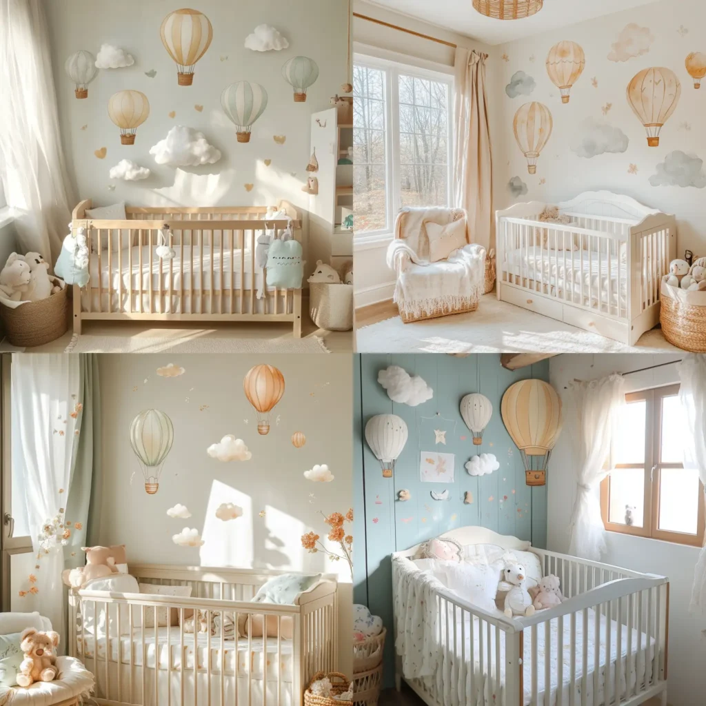 Pastel-colored hot air balloon wall decals in a nursery with cozy crib and floating clouds