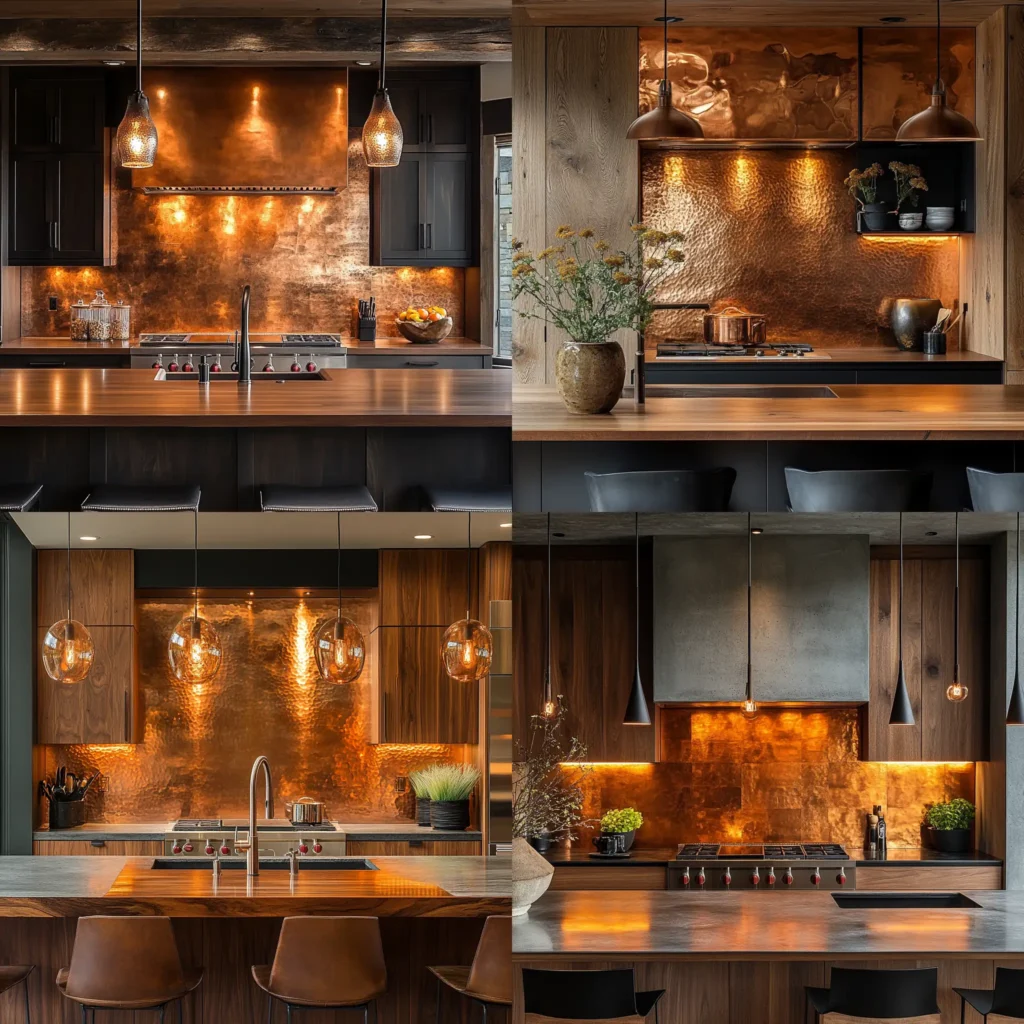 Copper kitchen featuring hammered copper backsplash and wooden cabinets