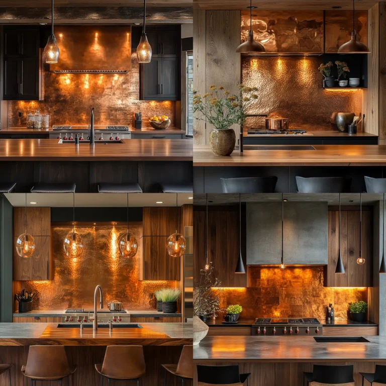 Copper kitchen featuring hammered copper backsplash and wooden cabinets