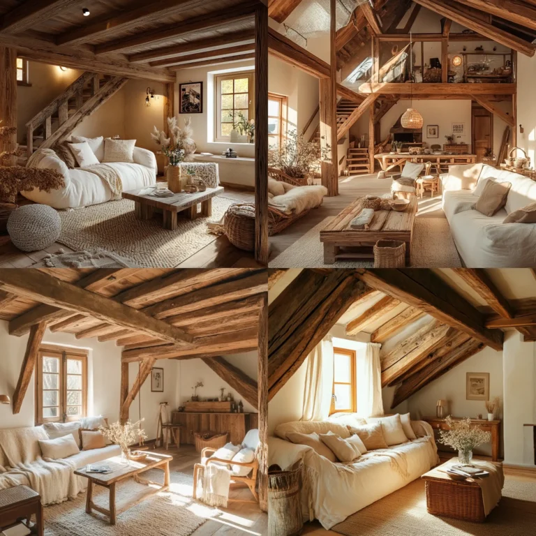 Cozy cottage interior with exposed wooden beams and natural wood accents
