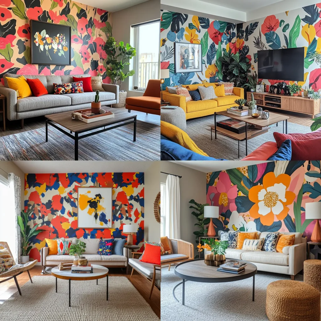 Living room with bold accent wall featuring removable wallpaper