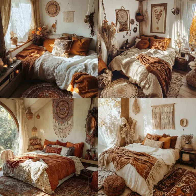 Small boho bedroom with earthy tones and warm hues creating a cozy, inviting atmosphere
