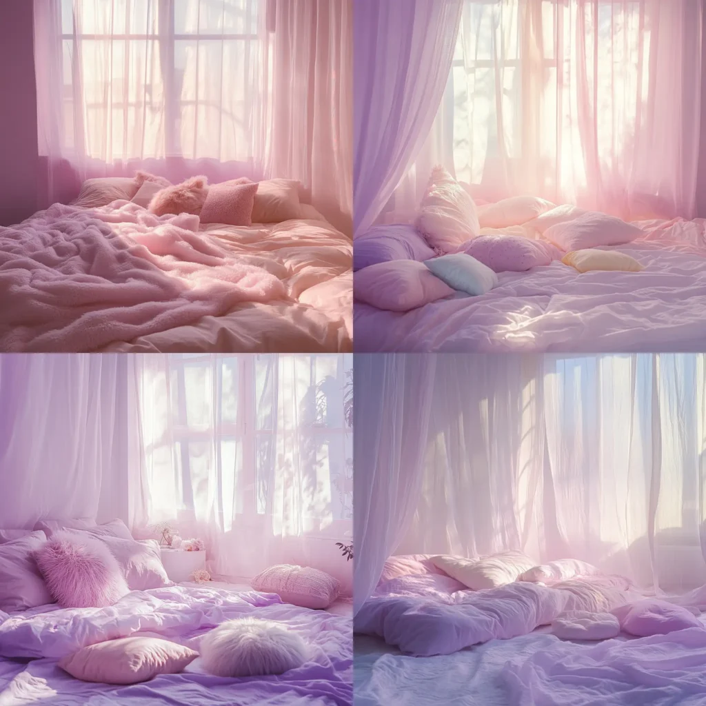 Pastel aesthetic room with soft pink and lavender tones, fluffy pillows, and cozy decor