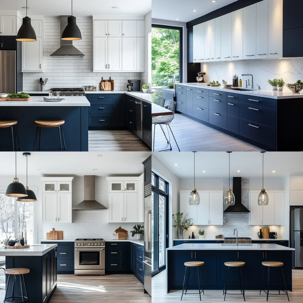 2 tone kitchen cabinets design featuring dark navy blue base cabinets with white upper cabinets, contemporary modern kitchen with sleek finishes, minimalist style, bright natural light, white walls