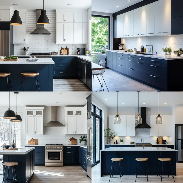 2 tone kitchen cabinets design featuring dark navy blue base cabinets with white upper cabinets, contemporary modern kitchen with sleek finishes, minimalist style, bright natural light, white walls